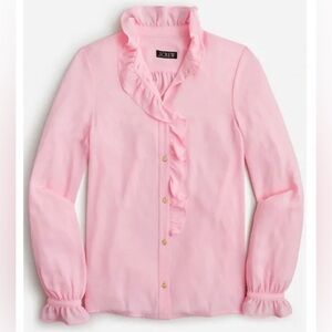 J. Crew Drapey Cottage Shirt Women Sz 12 Pink Ruffle Collar & Cuffs Long Sleeve